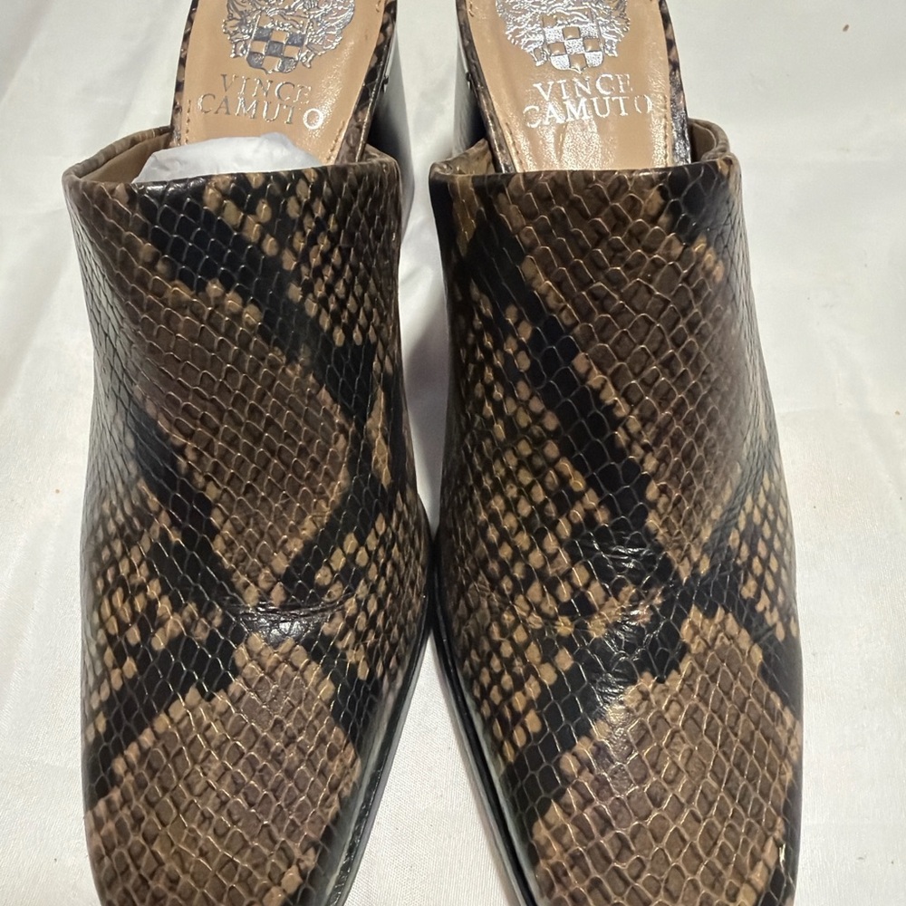 Vince Camuto Snake Print Mules in Brown and Black